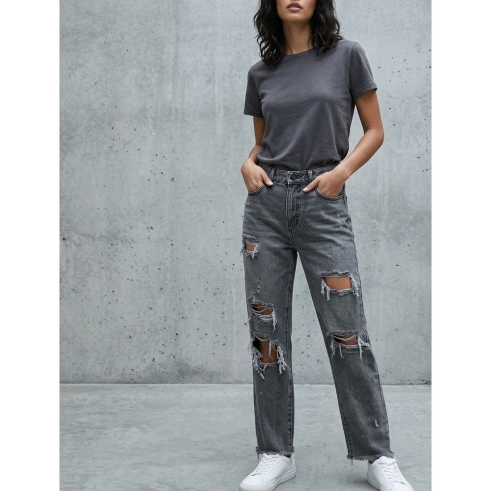 PacSun Distressed Faded Black High Rise Straight Leg Denim Jeans 25